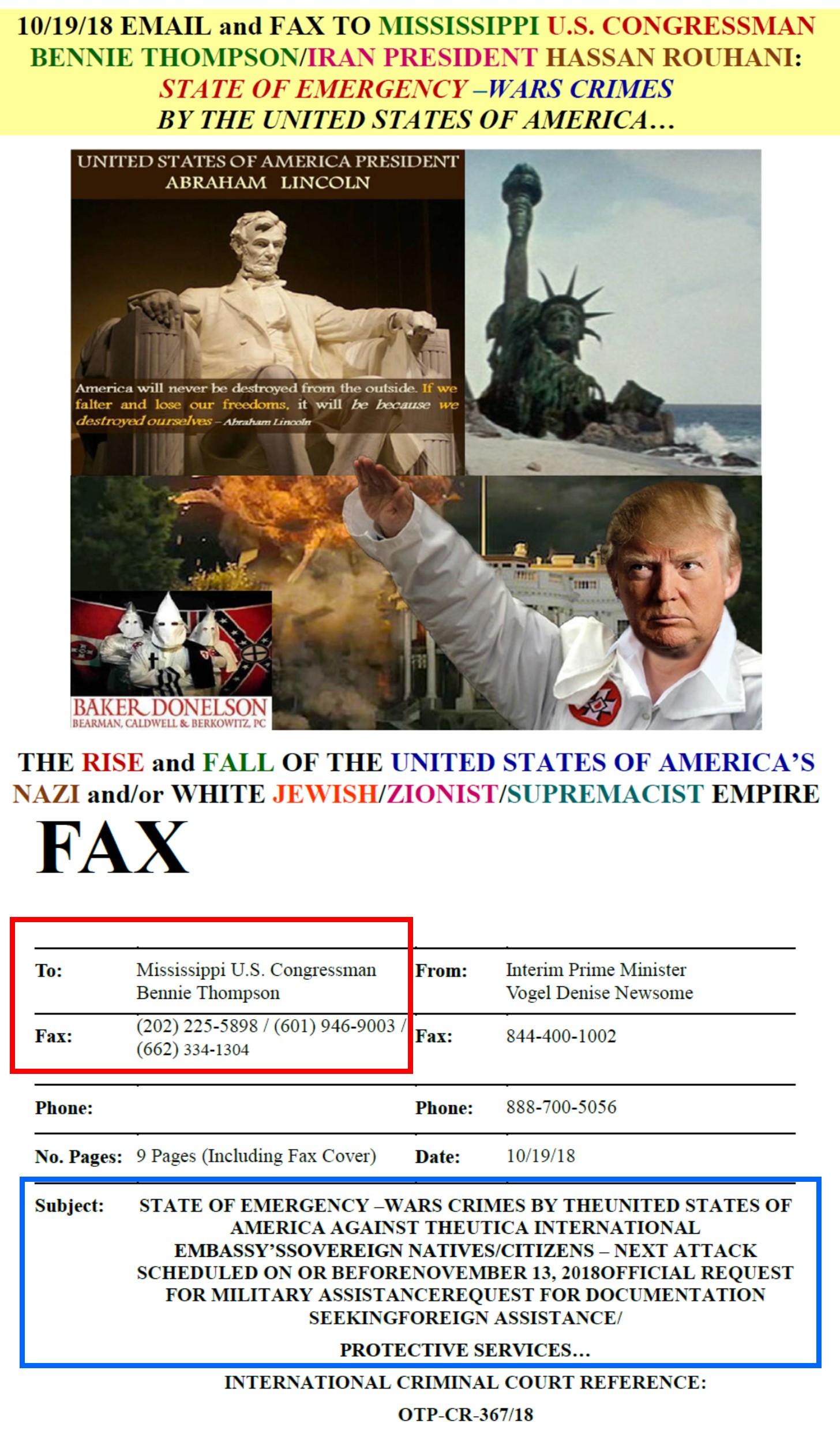 101918 FAX Bennie Thompson Iran President